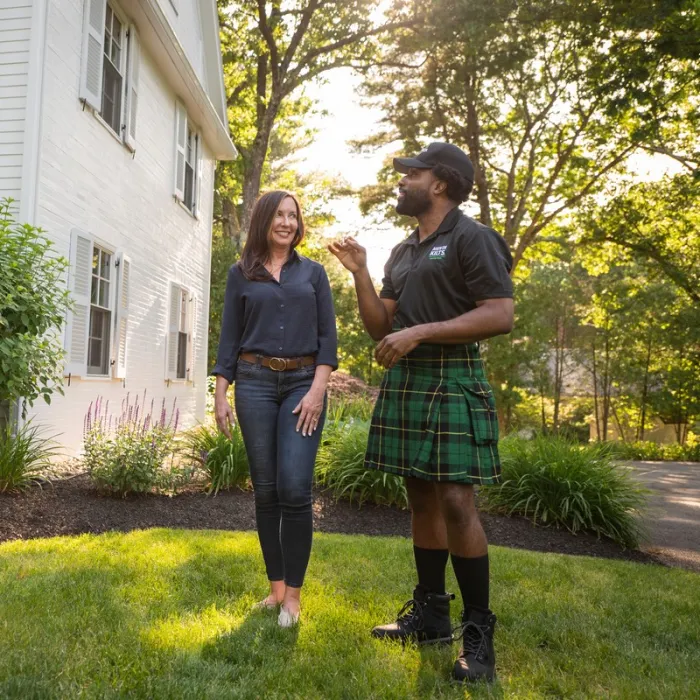 a man and woman standing in front of a house