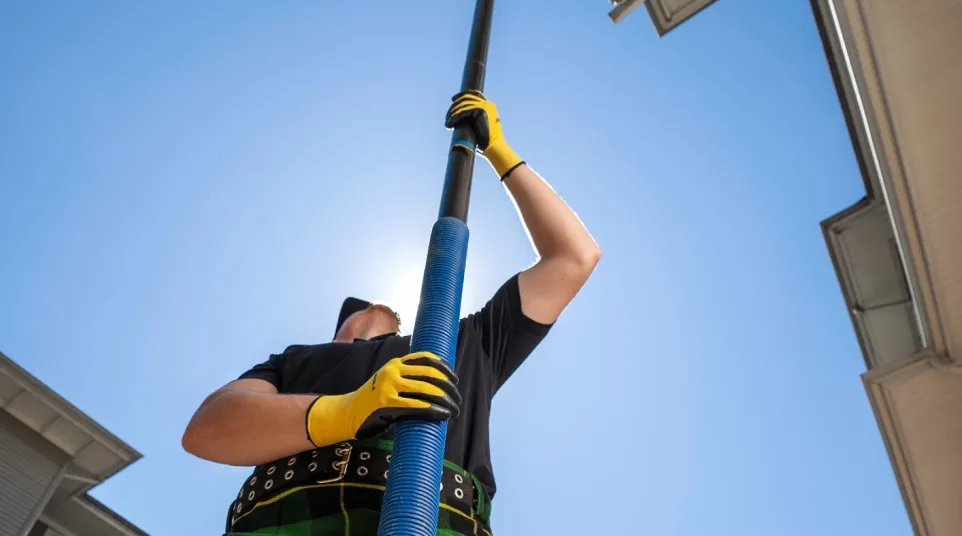 Person in a green plaid kilt holding a long blue cleaning pole against a clear blue sky near residential buildings.