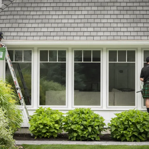 a couple of men on ladders outside a house